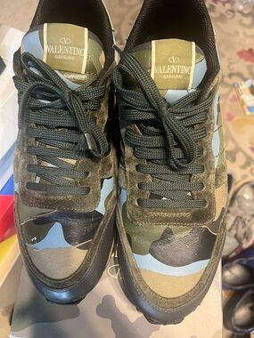 Valentino Garavani Camouflage Sneakers in Olive Green, Light Blue & Black